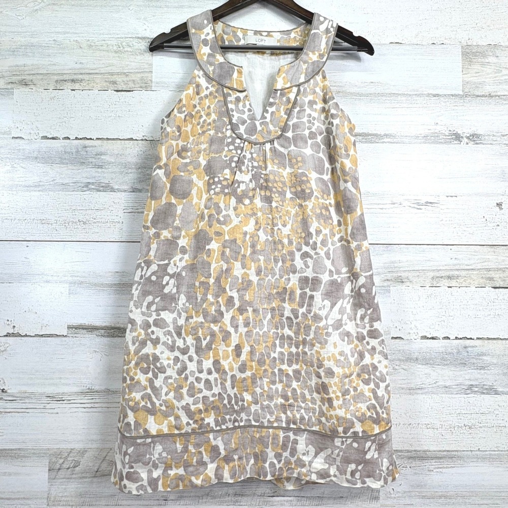 LOFT Abstract 100% Linen Gray Yellow V Neck Sleeveless Shift Dress Size‎ 4